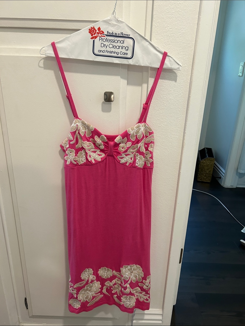 INC International Concepts Hot Pink Slip Dress with Ivory Floral Appliqué